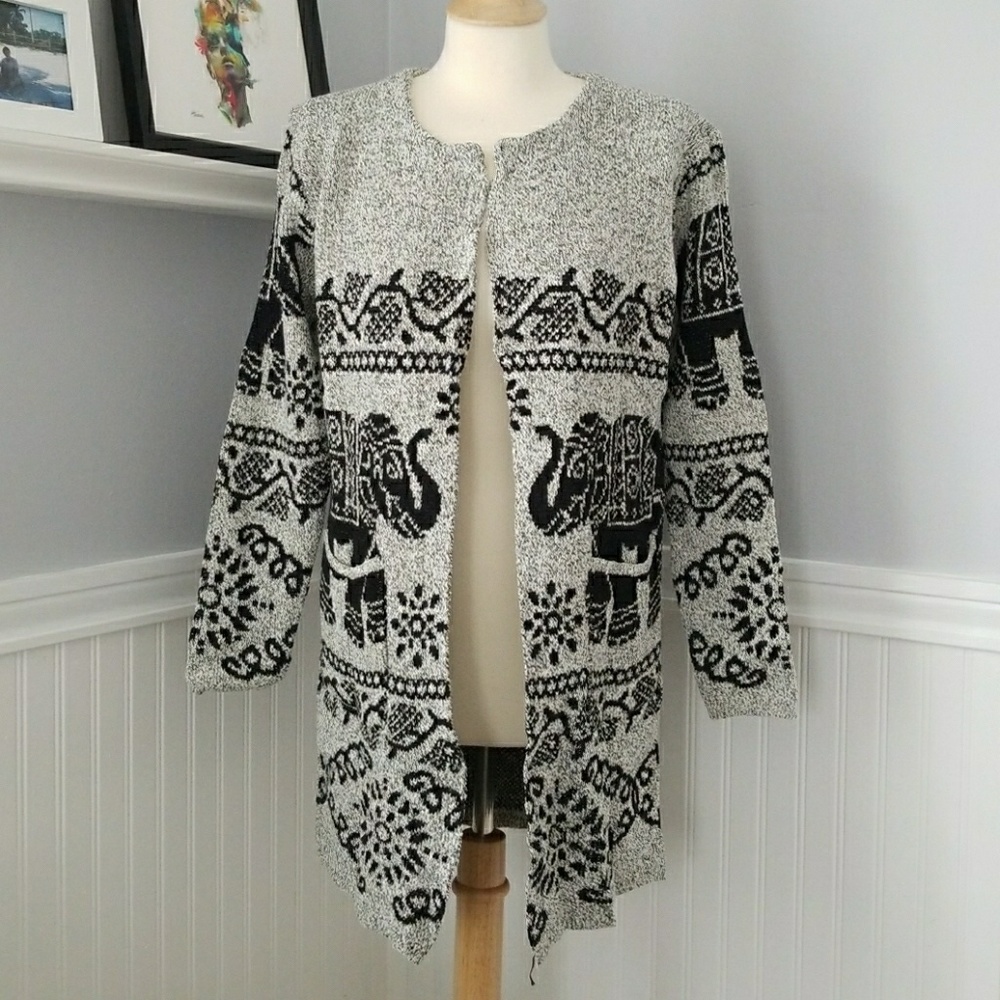Elephant Gray Black Long Open Cardigan Sweater S